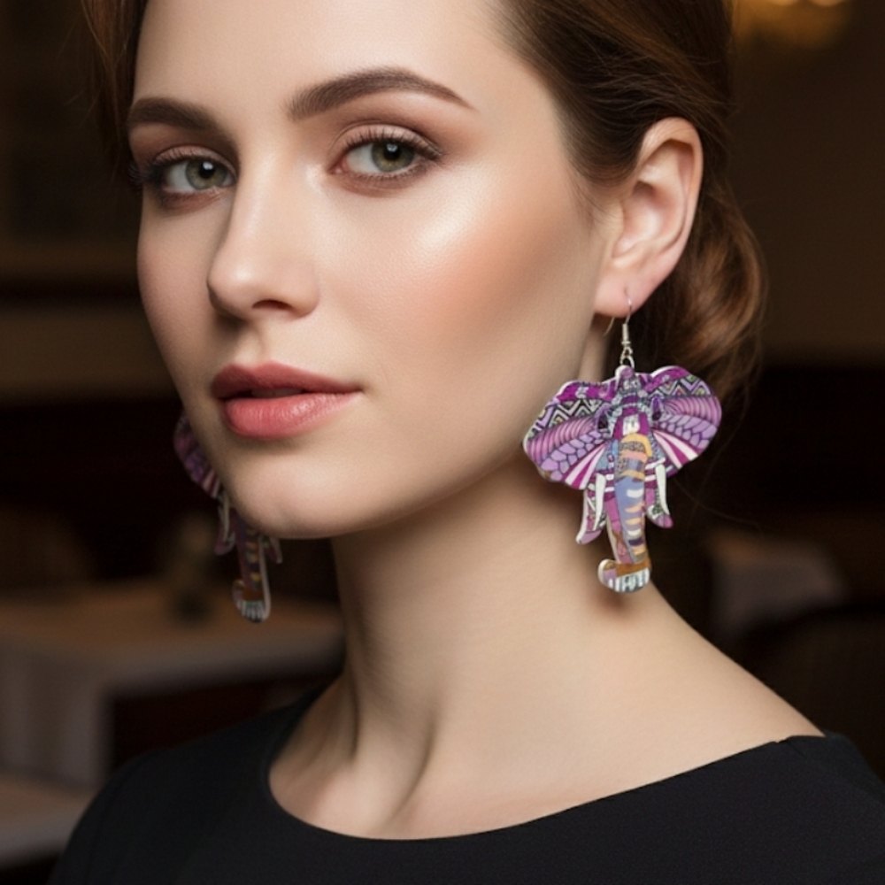 Long Wooden Elephant Earrings, Jungle Style Animal Earrings. 7 cm.